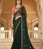 Green Thread And Sequins Embroidered Chinon Party Wear Bridal Wedding Festival Saree