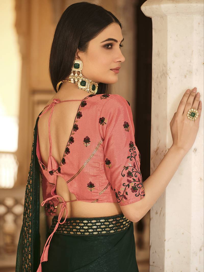 Green Thread And Sequins Embroidered Chinon Party Wear Bridal Wedding Festival Saree