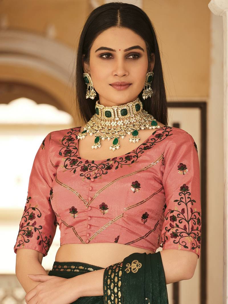 Green Thread And Sequins Embroidered Chinon Party Wear Bridal Wedding Festival Saree