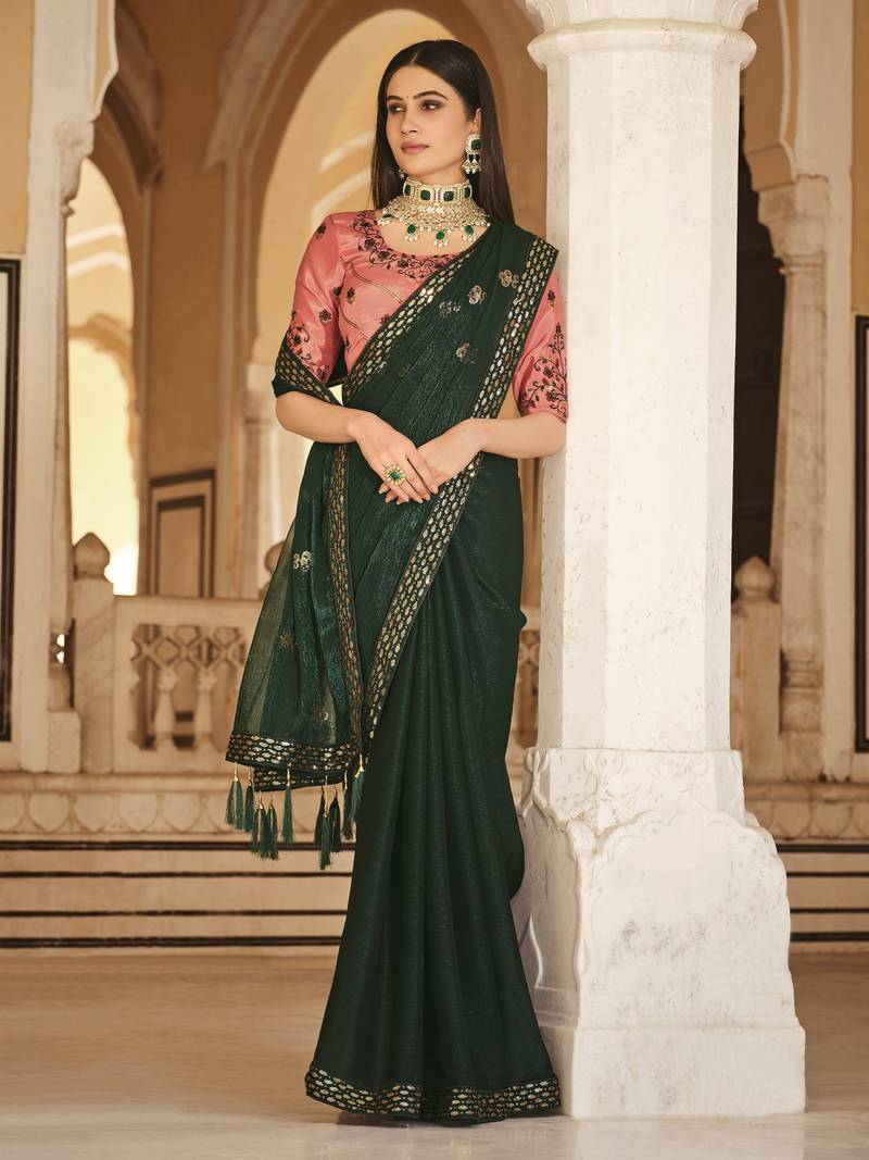 Green Thread And Sequins Embroidered Chinon Party Wear Bridal Wedding Festival Saree
