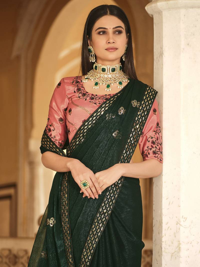 Green Thread And Sequins Embroidered Chinon Party Wear Bridal Wedding Festival Saree