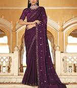 Purple Thread And Sequins Embroidered Chinon Party Wear Bridal Wedding Festival Saree