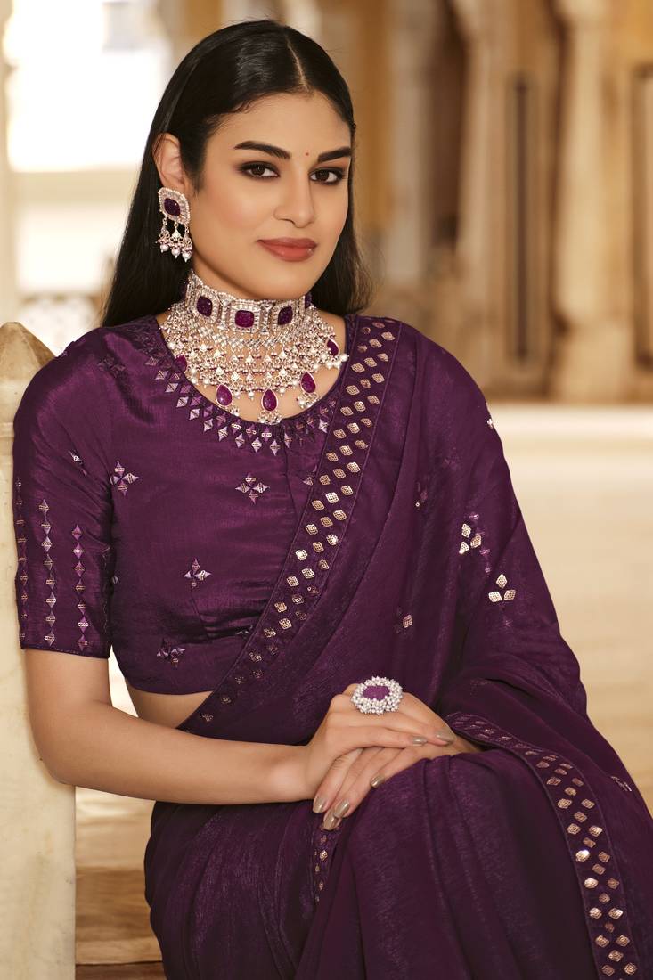 Purple Thread And Sequins Embroidered Chinon Party Wear Bridal Wedding Festival Saree
