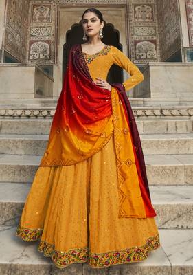 YELLOW THREAD AND SEQUINCE EMBROIDERED WORK GEORGETTE ANARKALI LONG SALWAR SUIT DUPATTA STITCHED GOWN 1