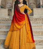 YELLOW THREAD AND SEQUINCE EMBROIDERED WORK GEORGETTE ANARKALI LONG SALWAR SUIT DUPATTA STITCHED GOWN