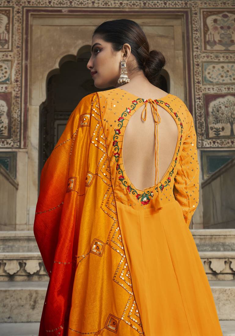 YELLOW THREAD AND SEQUINCE EMBROIDERED WORK GEORGETTE ANARKALI LONG SALWAR SUIT DUPATTA STITCHED GOWN