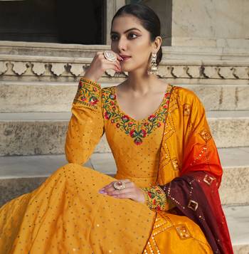 YELLOW THREAD AND SEQUINCE EMBROIDERED WORK GEORGETTE ANARKALI LONG SALWAR SUIT DUPATTA STITCHED GOWN 3