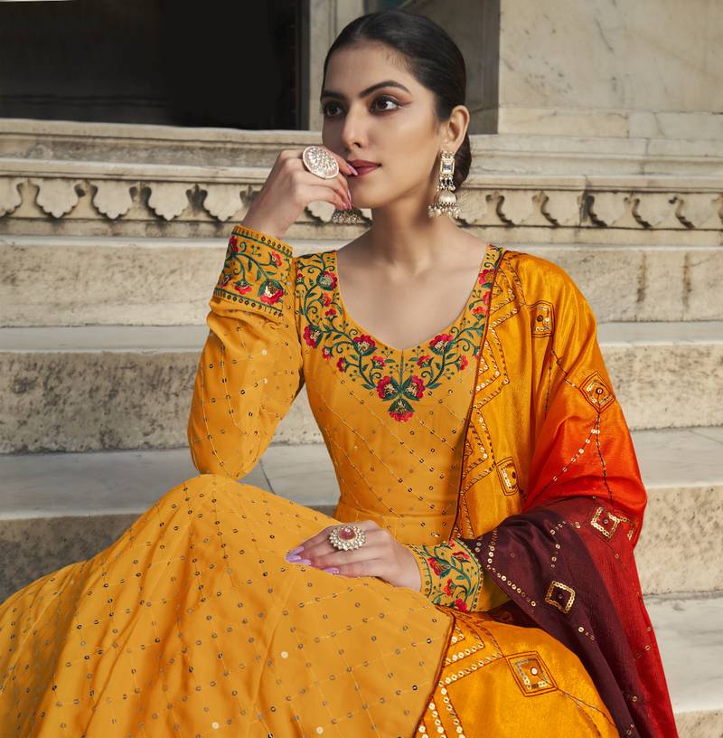 YELLOW THREAD AND SEQUINCE EMBROIDERED WORK GEORGETTE ANARKALI LONG SALWAR SUIT DUPATTA STITCHED GOWN