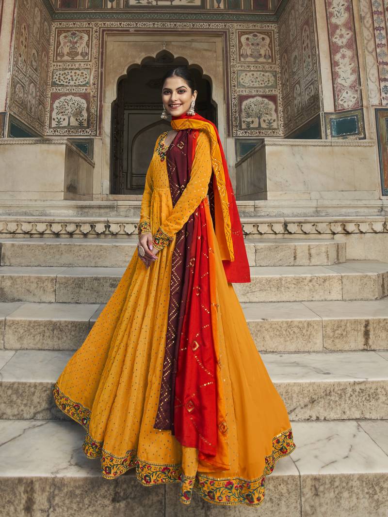 YELLOW THREAD AND SEQUINCE EMBROIDERED WORK GEORGETTE ANARKALI LONG SALWAR SUIT DUPATTA STITCHED GOWN