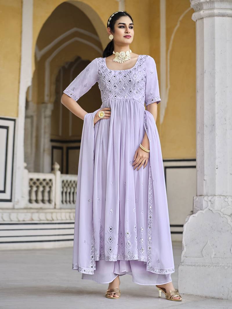 LAVENDER THREAD AND SEQUINCE EMBROIDERED WORK GEORGETTE ANARKALI LONG SALWAR SUIT DUPATTA STITCHED GOWN