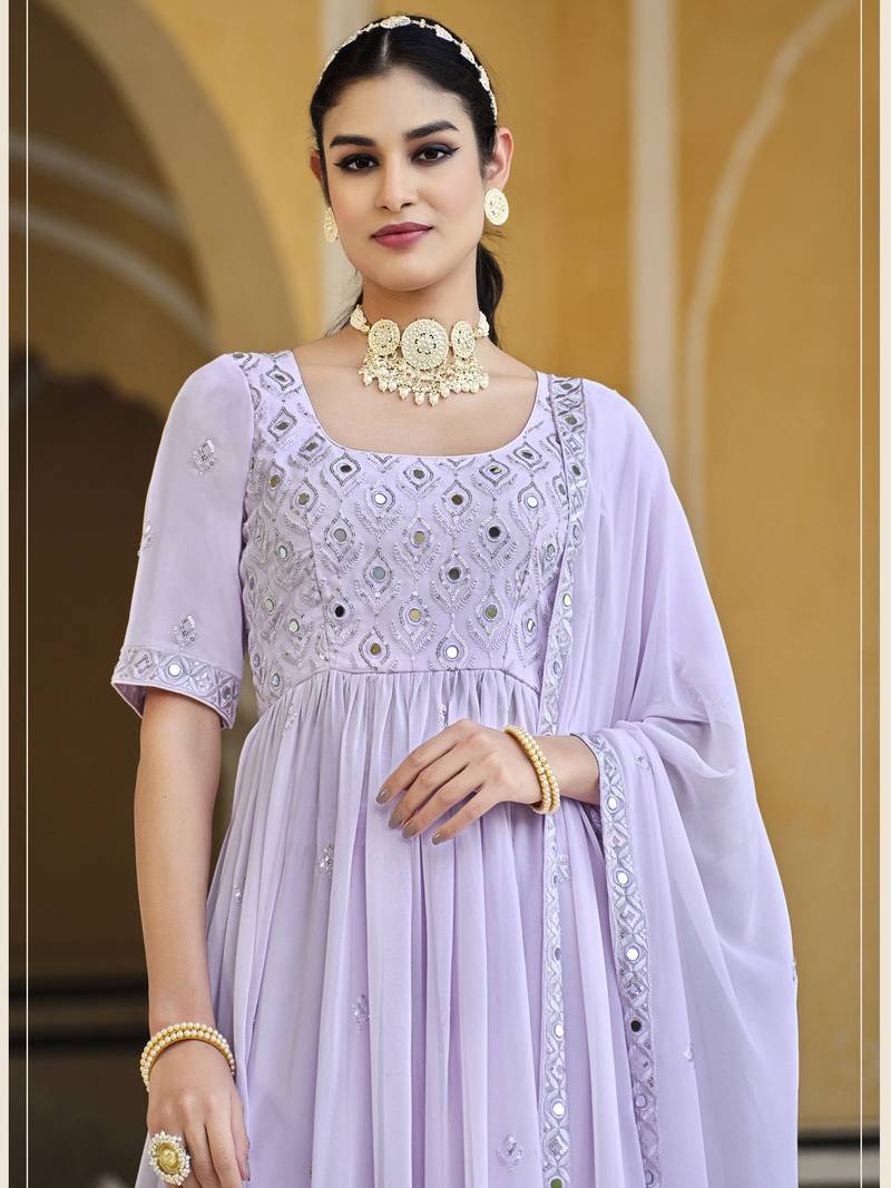 LAVENDER THREAD AND SEQUINCE EMBROIDERED WORK GEORGETTE ANARKALI LONG SALWAR SUIT DUPATTA STITCHED GOWN