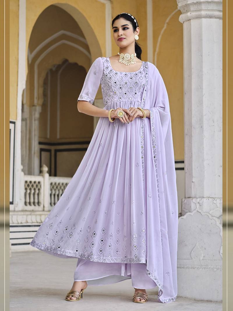 LAVENDER THREAD AND SEQUINCE EMBROIDERED WORK GEORGETTE ANARKALI LONG SALWAR SUIT DUPATTA STITCHED GOWN