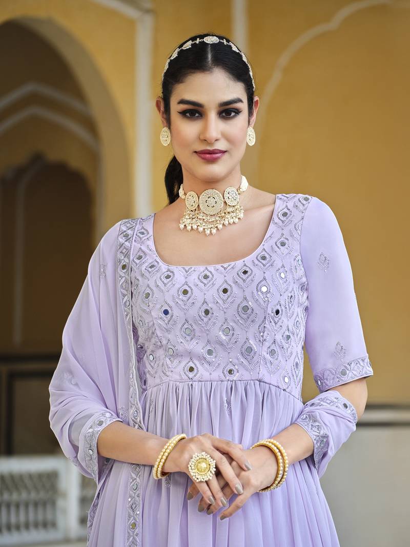LAVENDER THREAD AND SEQUINCE EMBROIDERED WORK GEORGETTE ANARKALI LONG SALWAR SUIT DUPATTA STITCHED GOWN