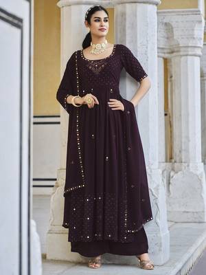 WINE THREAD AND SEQUINCE EMBROIDERED WORK GEORGETTE ANARKALI LONG SALWAR SUIT DUPATTA STITCHED GOWN 1