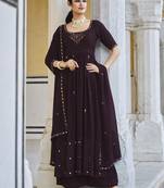 WINE THREAD AND SEQUINCE EMBROIDERED WORK GEORGETTE ANARKALI LONG SALWAR SUIT DUPATTA STITCHED GOWN