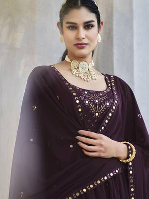 WINE THREAD AND SEQUINCE EMBROIDERED WORK GEORGETTE ANARKALI LONG SALWAR SUIT DUPATTA STITCHED GOWN 2