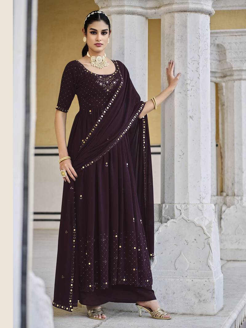 WINE THREAD AND SEQUINCE EMBROIDERED WORK GEORGETTE ANARKALI LONG SALWAR SUIT DUPATTA STITCHED GOWN