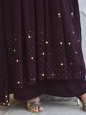 WINE THREAD AND SEQUINCE EMBROIDERED WORK GEORGETTE ANARKALI LONG SALWAR SUIT DUPATTA STITCHED GOWN 4