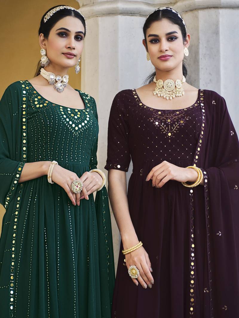 WINE THREAD AND SEQUINCE EMBROIDERED WORK GEORGETTE ANARKALI LONG SALWAR SUIT DUPATTA STITCHED GOWN