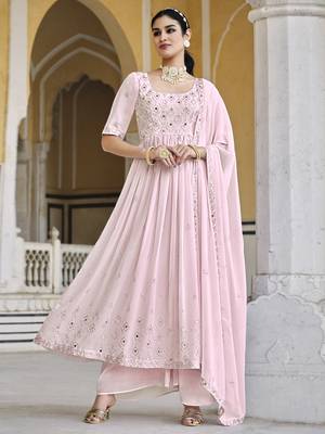 BABY PINK THREAD AND SEQUINCE EMBROIDERED WORK GEORGETTE ANARKALI LONG SALWAR SUIT DUPATTA STITCHED GOWN 1