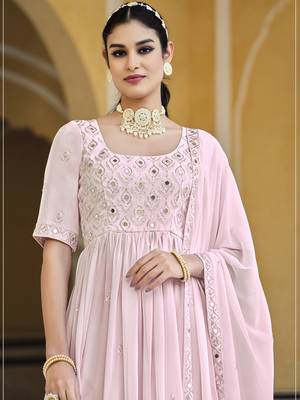 BABY PINK THREAD AND SEQUINCE EMBROIDERED WORK GEORGETTE ANARKALI LONG SALWAR SUIT DUPATTA STITCHED GOWN 2