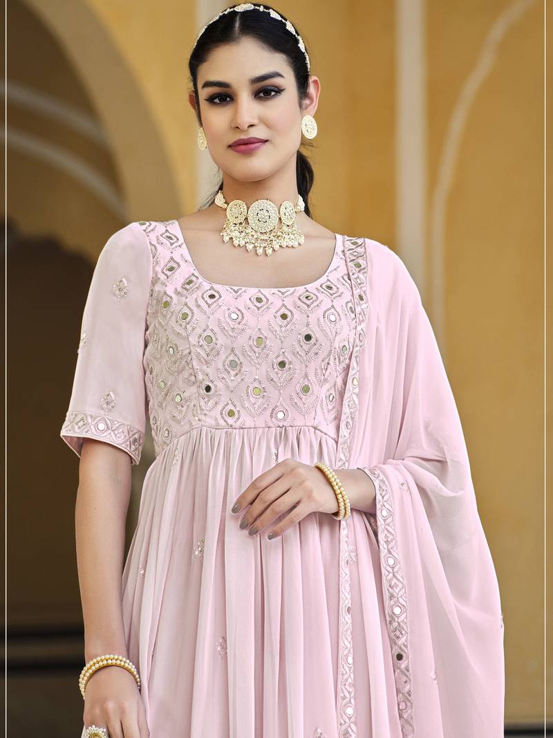 BABY PINK THREAD AND SEQUINCE EMBROIDERED WORK GEORGETTE ANARKALI LONG SALWAR SUIT DUPATTA STITCHED GOWN