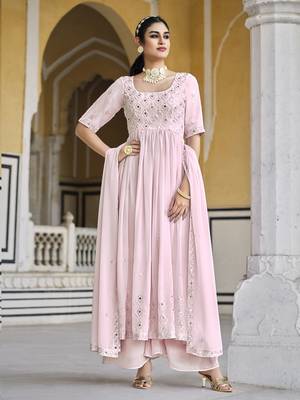BABY PINK THREAD AND SEQUINCE EMBROIDERED WORK GEORGETTE ANARKALI LONG SALWAR SUIT DUPATTA STITCHED GOWN 3