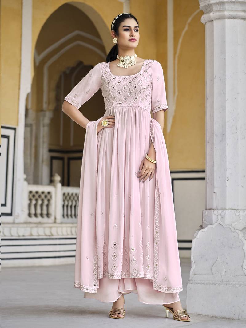BABY PINK THREAD AND SEQUINCE EMBROIDERED WORK GEORGETTE ANARKALI LONG SALWAR SUIT DUPATTA STITCHED GOWN