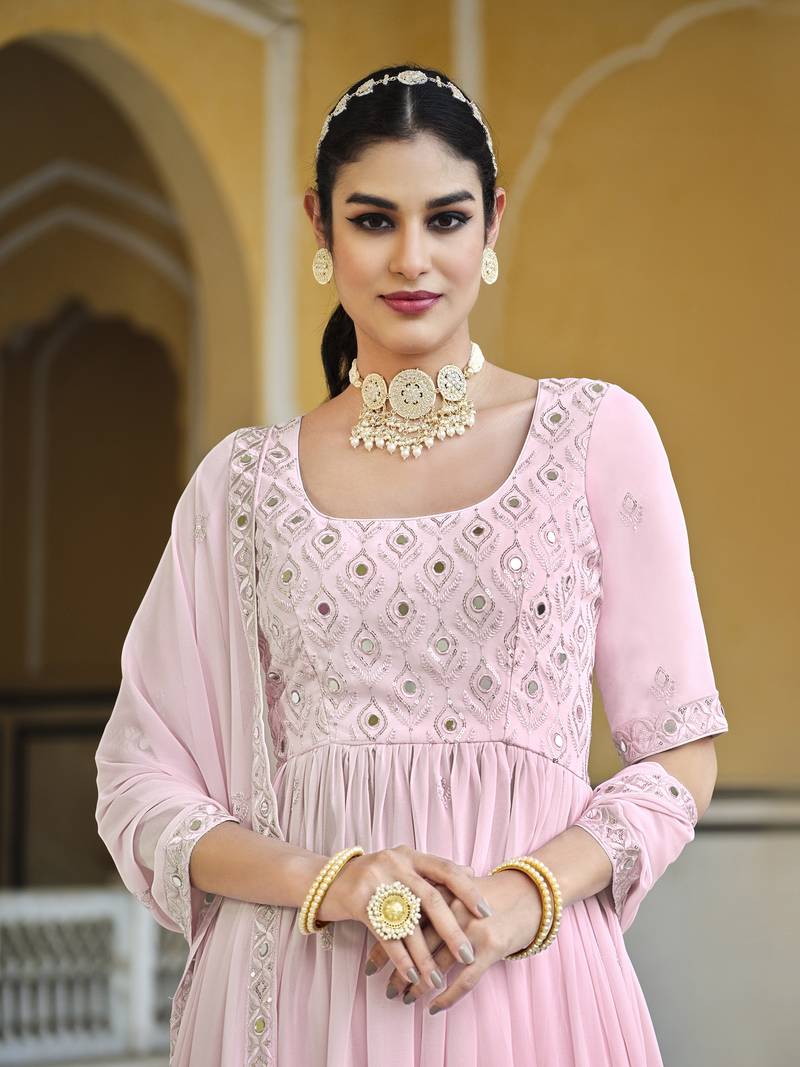 BABY PINK THREAD AND SEQUINCE EMBROIDERED WORK GEORGETTE ANARKALI LONG SALWAR SUIT DUPATTA STITCHED GOWN