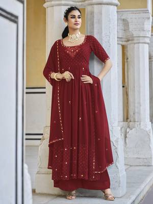 RED THREAD AND SEQUINCE EMBROIDERED WORK GEORGETTE ANARKALI LONG SALWAR SUIT DUPATTA STITCHED GOWN 1