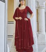 RED THREAD AND SEQUINCE EMBROIDERED WORK GEORGETTE ANARKALI LONG SALWAR SUIT DUPATTA STITCHED GOWN