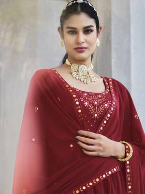 RED THREAD AND SEQUINCE EMBROIDERED WORK GEORGETTE ANARKALI LONG SALWAR SUIT DUPATTA STITCHED GOWN 2