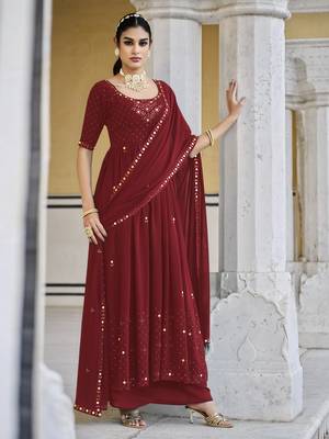 RED THREAD AND SEQUINCE EMBROIDERED WORK GEORGETTE ANARKALI LONG SALWAR SUIT DUPATTA STITCHED GOWN 3