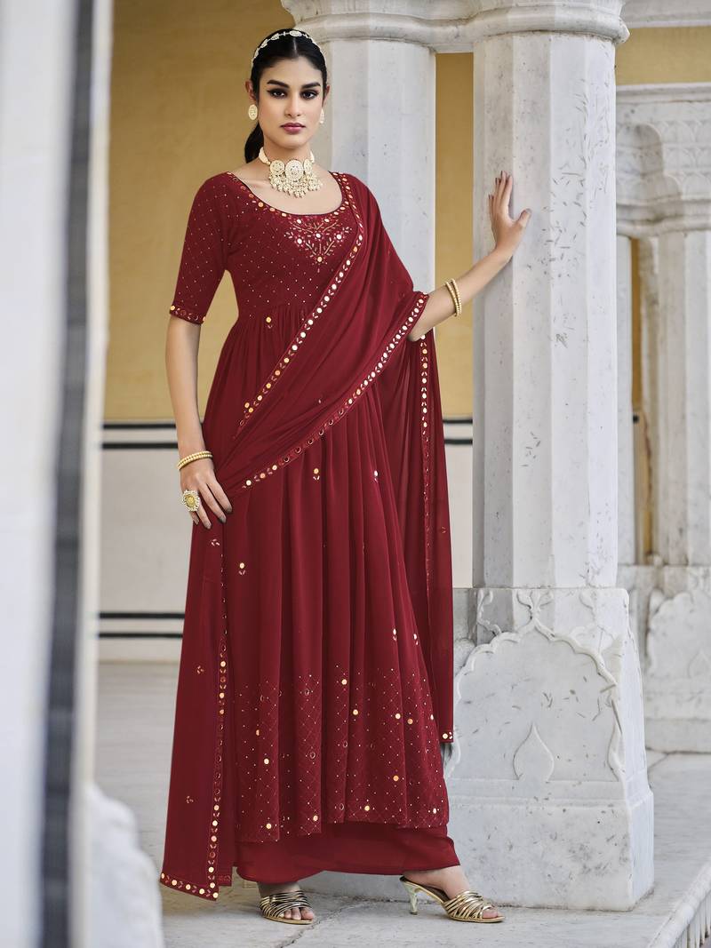 RED THREAD AND SEQUINCE EMBROIDERED WORK GEORGETTE ANARKALI LONG SALWAR SUIT DUPATTA STITCHED GOWN