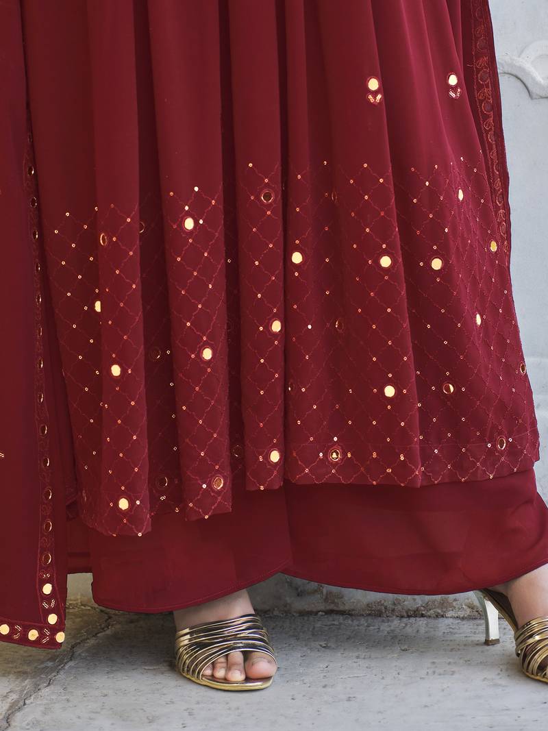 RED THREAD AND SEQUINCE EMBROIDERED WORK GEORGETTE ANARKALI LONG SALWAR SUIT DUPATTA STITCHED GOWN