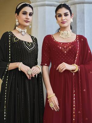 RED THREAD AND SEQUINCE EMBROIDERED WORK GEORGETTE ANARKALI LONG SALWAR SUIT DUPATTA STITCHED GOWN 5