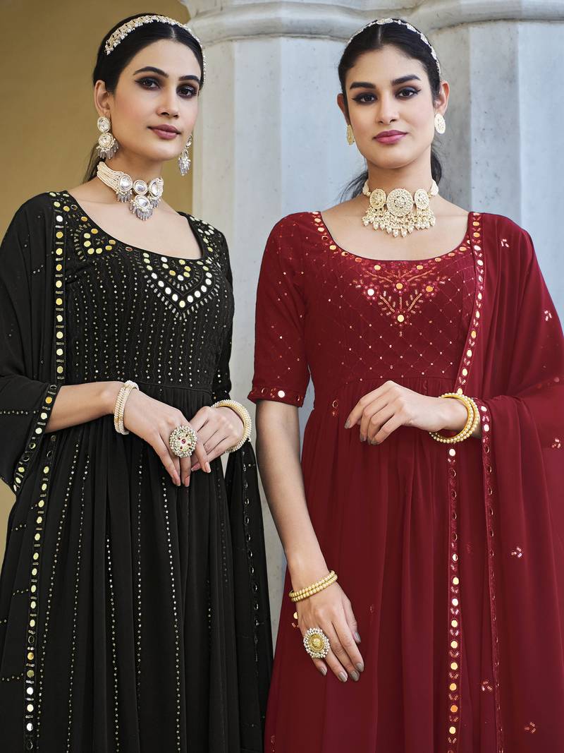 RED THREAD AND SEQUINCE EMBROIDERED WORK GEORGETTE ANARKALI LONG SALWAR SUIT DUPATTA STITCHED GOWN
