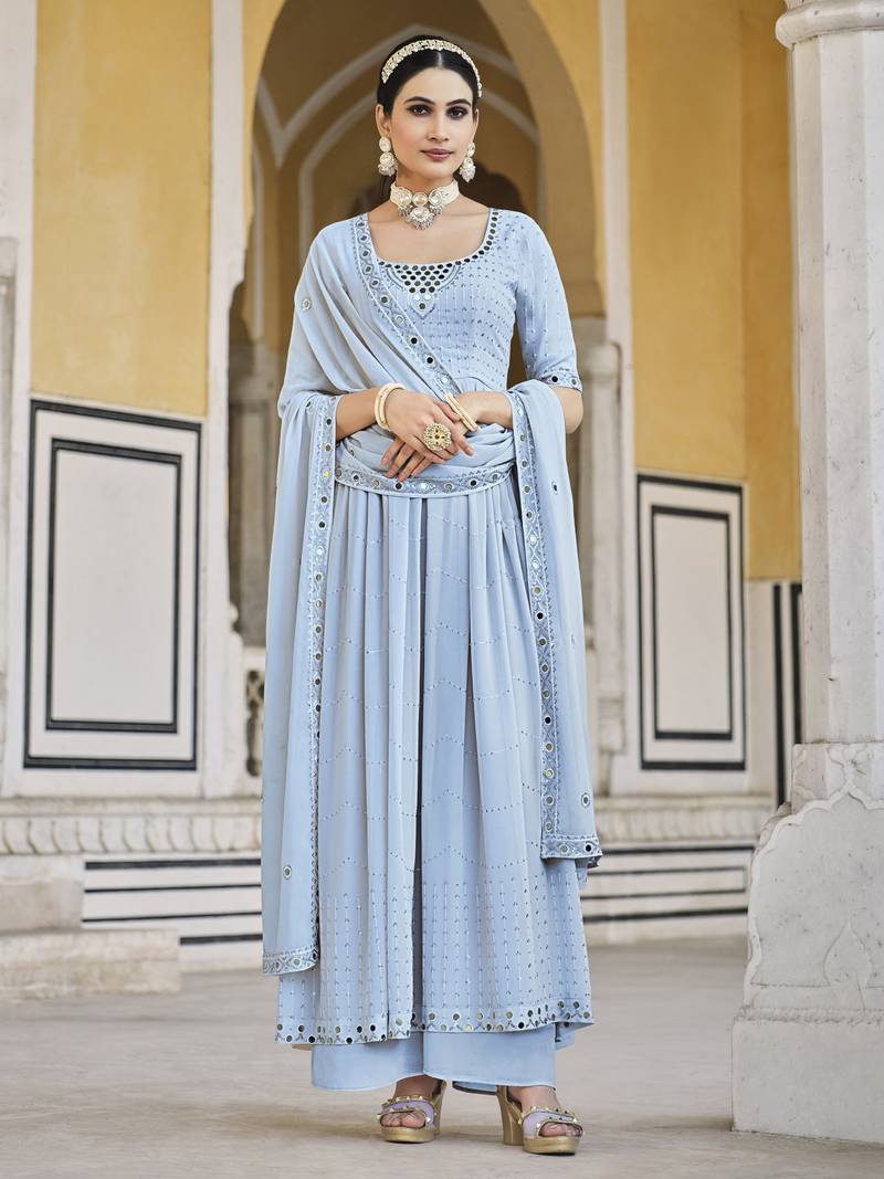 SKY BLUE THREAD AND SEQUINCE EMBROIDERED WORK GEORGETTE ANARKALI LONG SALWAR SUIT DUPATTA STITCHED GOWN