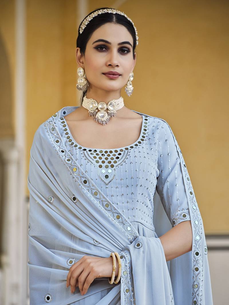 SKY BLUE THREAD AND SEQUINCE EMBROIDERED WORK GEORGETTE ANARKALI LONG SALWAR SUIT DUPATTA STITCHED GOWN