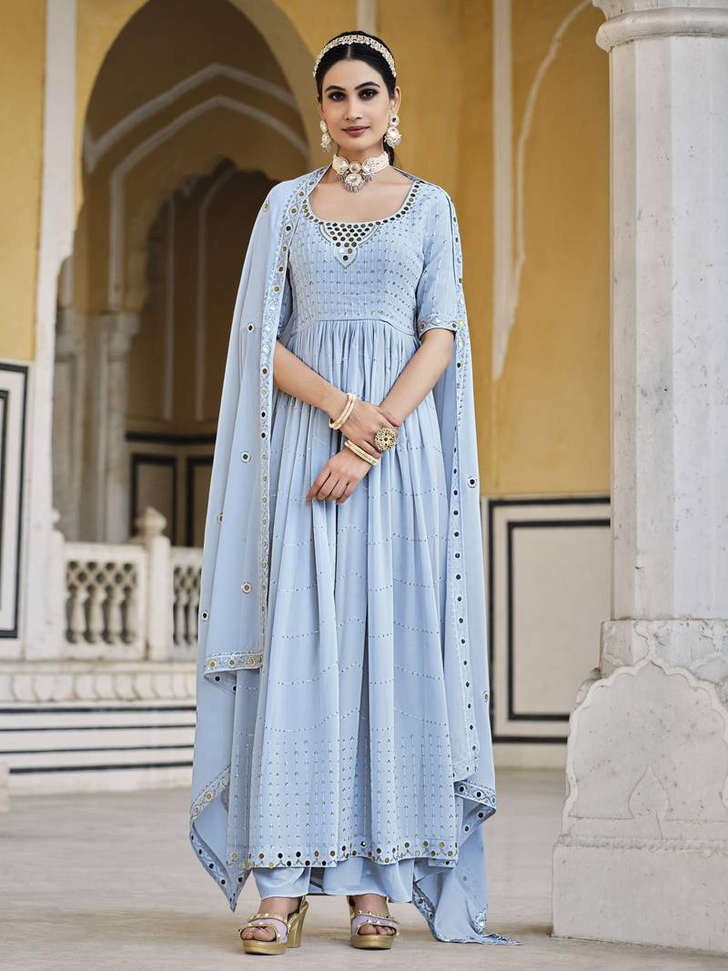 SKY BLUE THREAD AND SEQUINCE EMBROIDERED WORK GEORGETTE ANARKALI LONG SALWAR SUIT DUPATTA STITCHED GOWN
