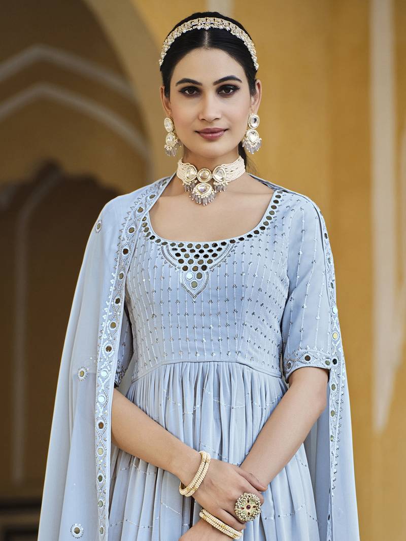 SKY BLUE THREAD AND SEQUINCE EMBROIDERED WORK GEORGETTE ANARKALI LONG SALWAR SUIT DUPATTA STITCHED GOWN