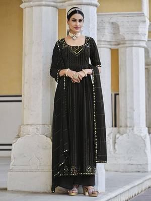 BLACK THREAD AND SEQUINCE EMBROIDERED WORK GEORGETTE ANARKALI LONG SALWAR SUIT DUPATTA STITCHED GOWN 1