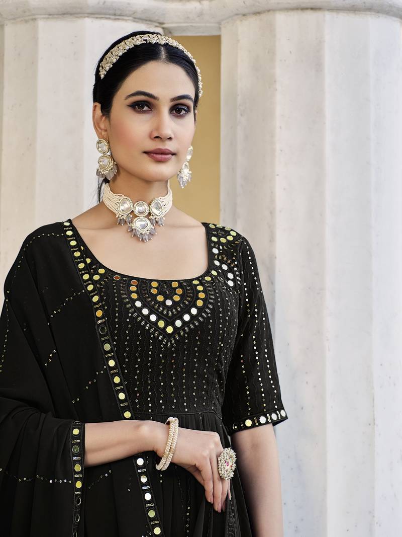 BLACK THREAD AND SEQUINCE EMBROIDERED WORK GEORGETTE ANARKALI LONG SALWAR SUIT DUPATTA STITCHED GOWN