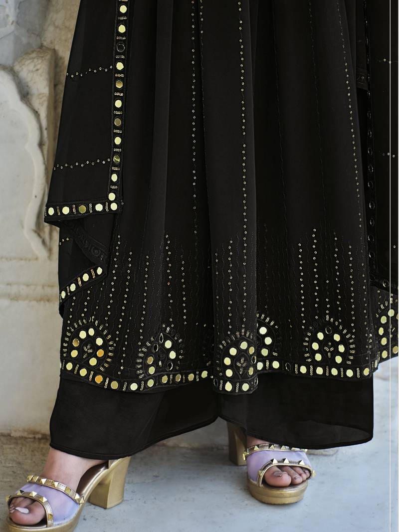 BLACK THREAD AND SEQUINCE EMBROIDERED WORK GEORGETTE ANARKALI LONG SALWAR SUIT DUPATTA STITCHED GOWN