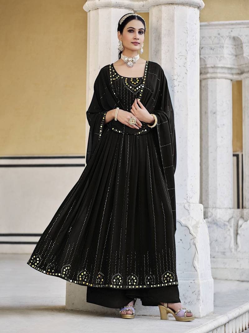 BLACK THREAD AND SEQUINCE EMBROIDERED WORK GEORGETTE ANARKALI LONG SALWAR SUIT DUPATTA STITCHED GOWN