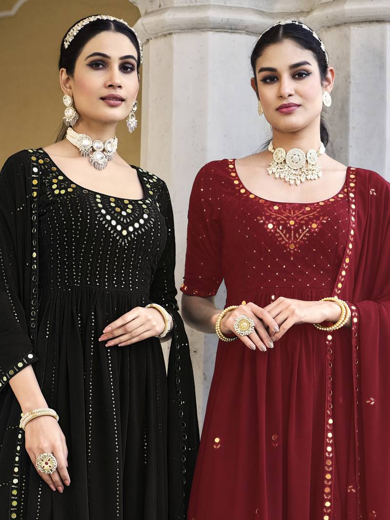 BLACK THREAD AND SEQUINCE EMBROIDERED WORK GEORGETTE ANARKALI LONG SALWAR SUIT DUPATTA STITCHED GOWN