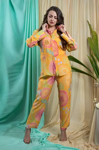 Mustard Crepe And Shantone Co-Ord Set
