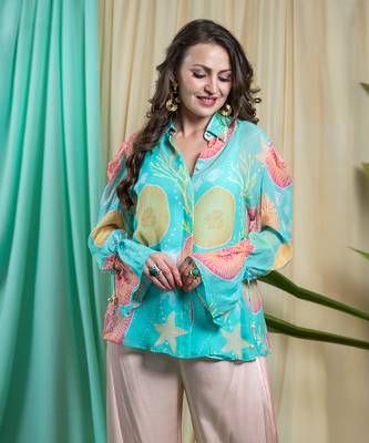 Light Turquoise Georgette And Shantone Shirt 1