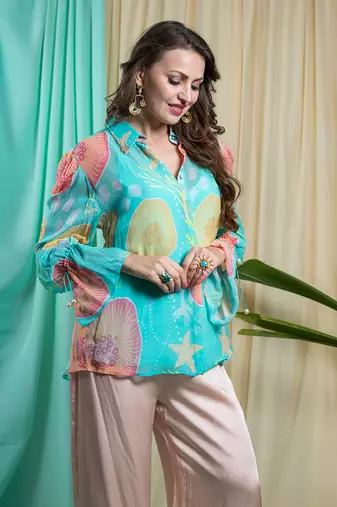 Light Turquoise Georgette And Shantone Shirt