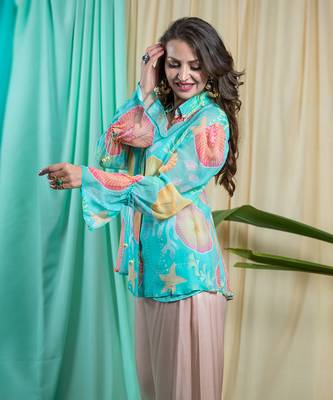 Light Turquoise Georgette And Shantone Shirt 3